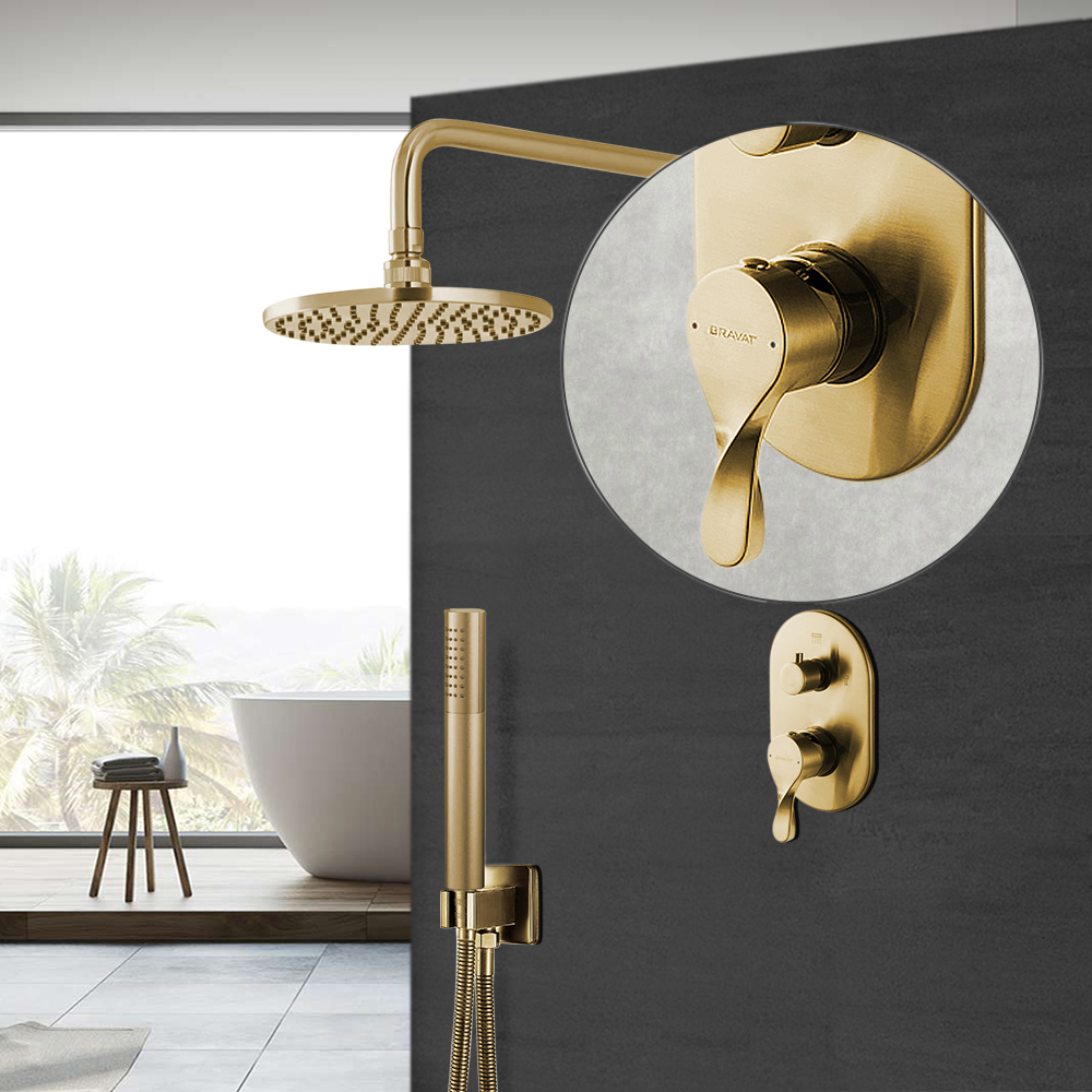 Brushed Gold Round Shower Head With Concealed Mixer And Handheld Shower