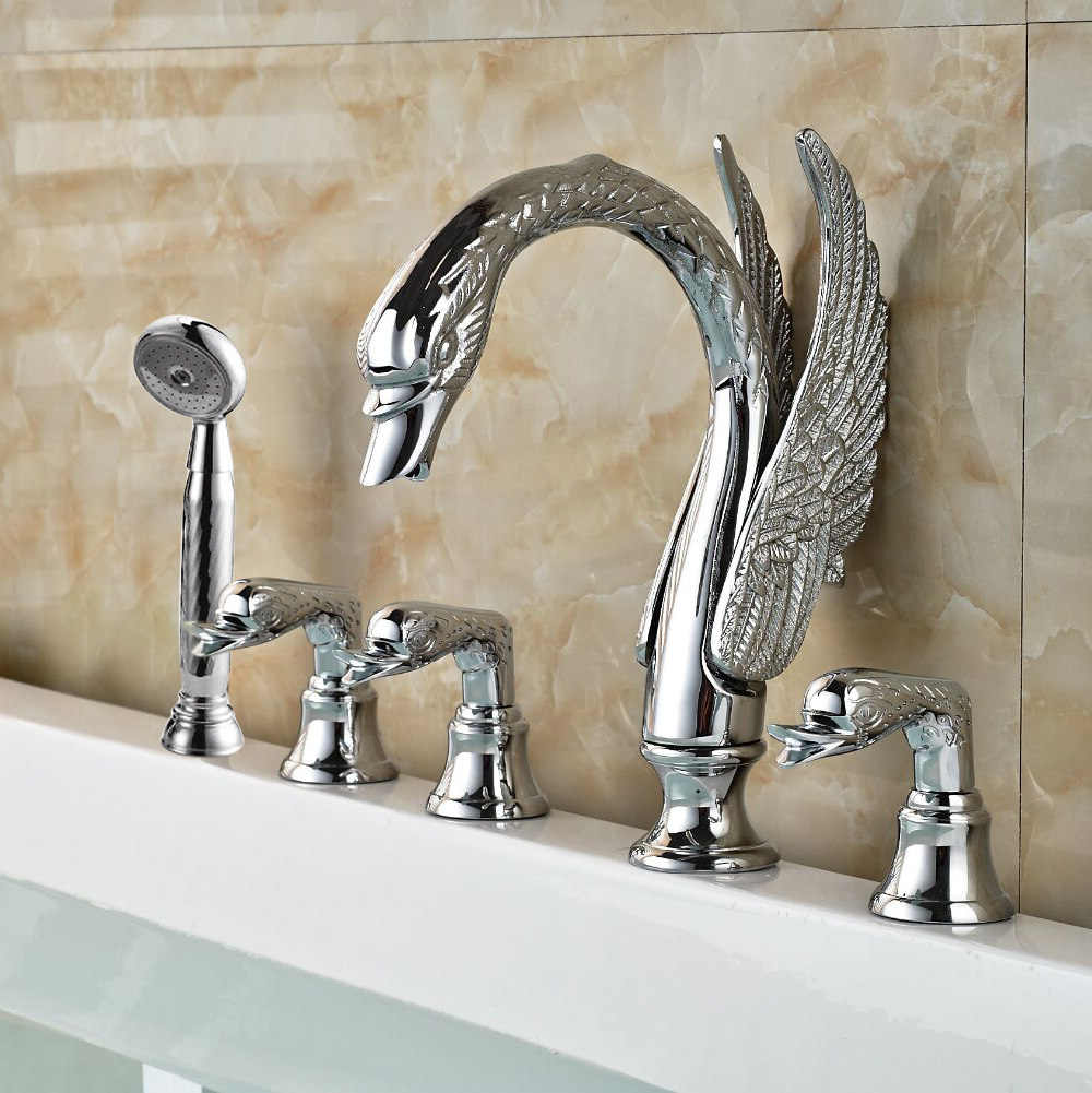 Elegant Swan Bathroom Faucet Set with Hand Shower 5 pcs in Chrome Finish