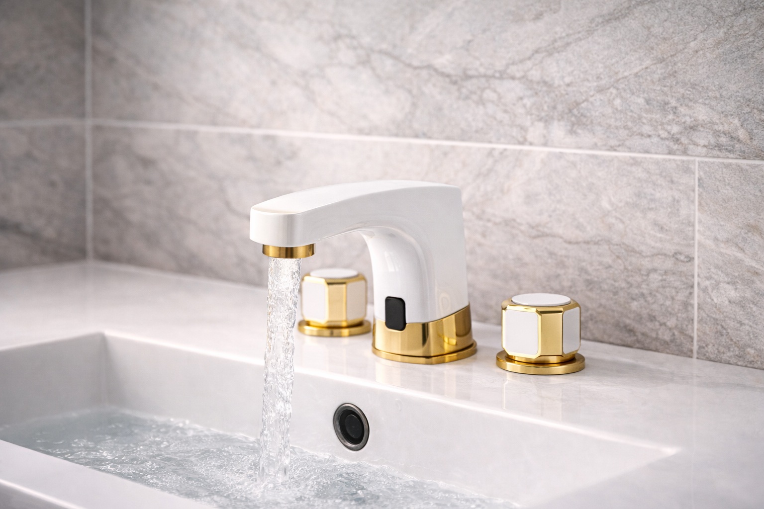 White and gold touchless faucet for premium commercial restrooms
