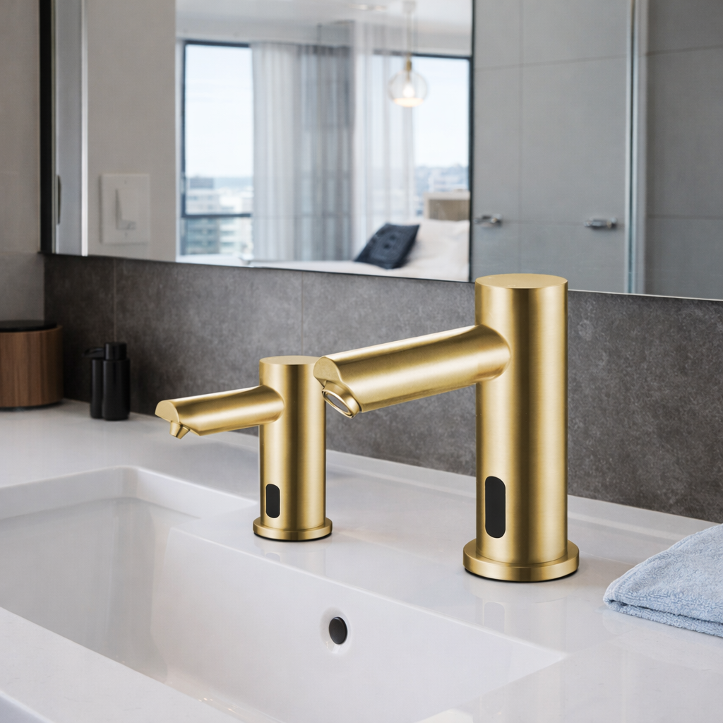 BathSelect Solo brushed gold commercial automatic dual touchless faucet