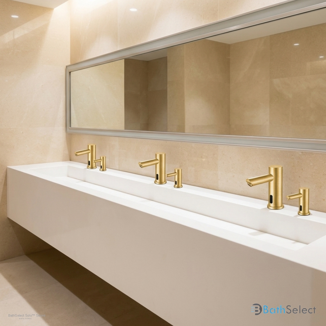 BathSelect Solo brushed gold commercial touchless sensor faucet and automatic soap dispenser FS-509BGC