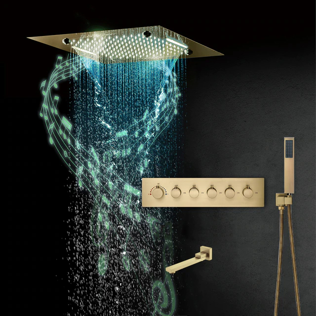 20" Thermostatic Remote Controlled Brushed Gold Recessed Ceiling Mount LED Waterfall Rainfall Musical Shower System with Hand Shower