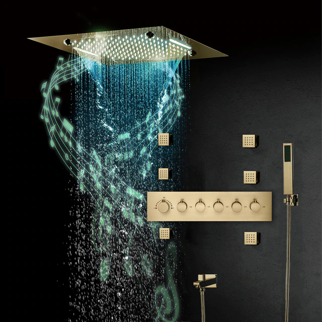 Brushed Gold Remote Controlled Thermostatic Recessed Ceiling Mount LED Rainfall Musical Shower System with Hand Shower and 6 Jetted Body Sprays by Bathselect