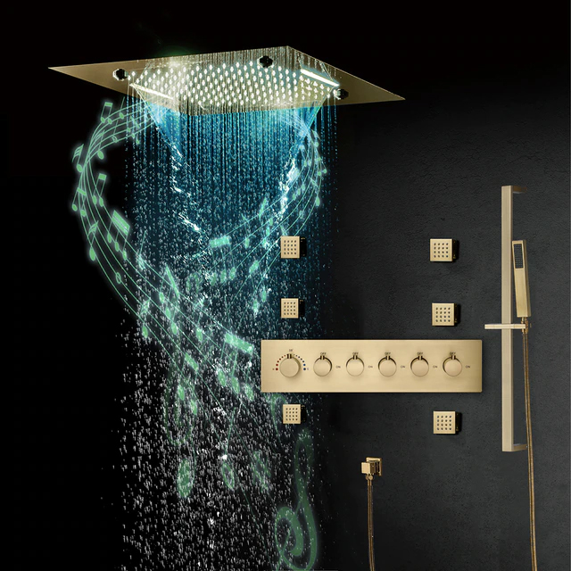 Remote Controlled Brushed Gold Thermostatic Recessed Ceiling Mount LED Musical Rainfall Shower System Jetted Body Sprays with Hand Shower by Bathselect