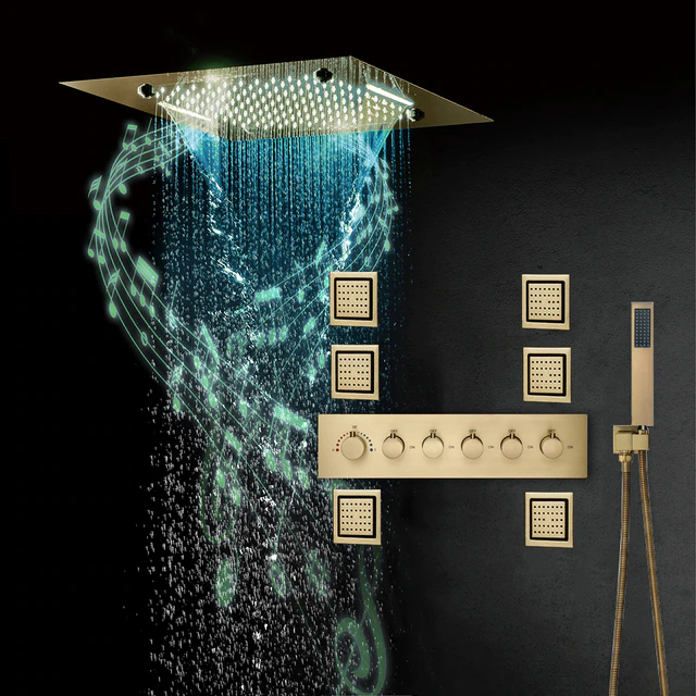 Gela Remote Controlled Thermostatic Brushed Gold LED Musical Recessed Ceiling Mount Rainfall Shower System with Jetted Body Sprays and Hand Shower by Bathselect