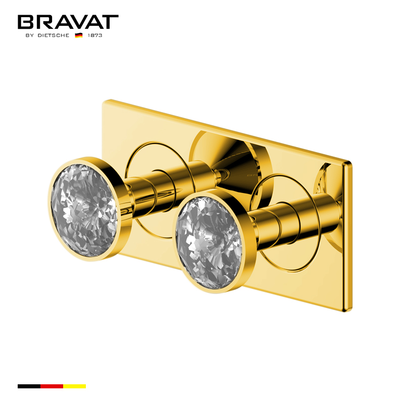 Bravat Two Crystal Handle Thermostatic Bathroom Shower Mixer In  Gold Finish