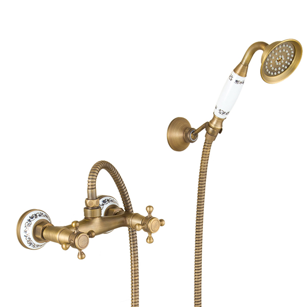 Genoa Antique Brass Wall Mount Mixer Tap with Hand Shower & Faucet