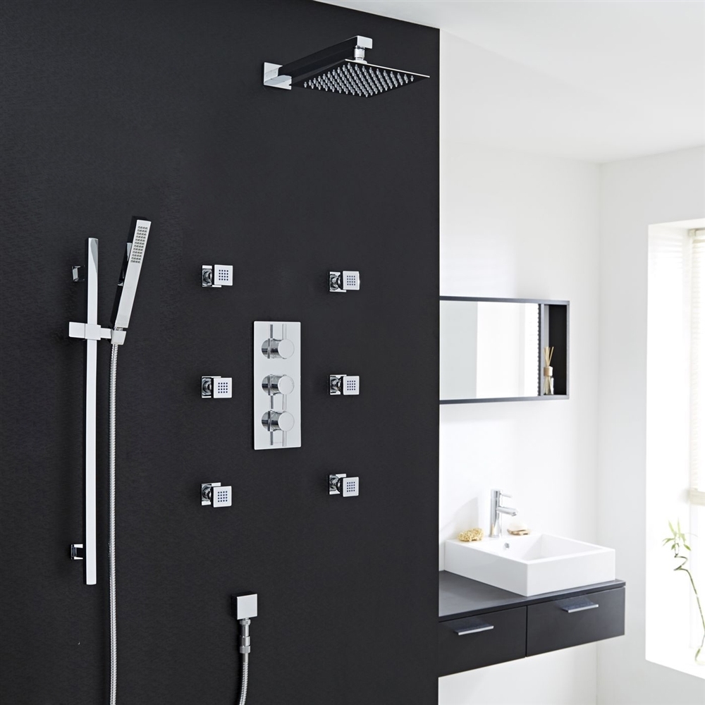 Lenox Chrome Thermostatic Shower System Set With Square Rain Head Handset 6 Jets