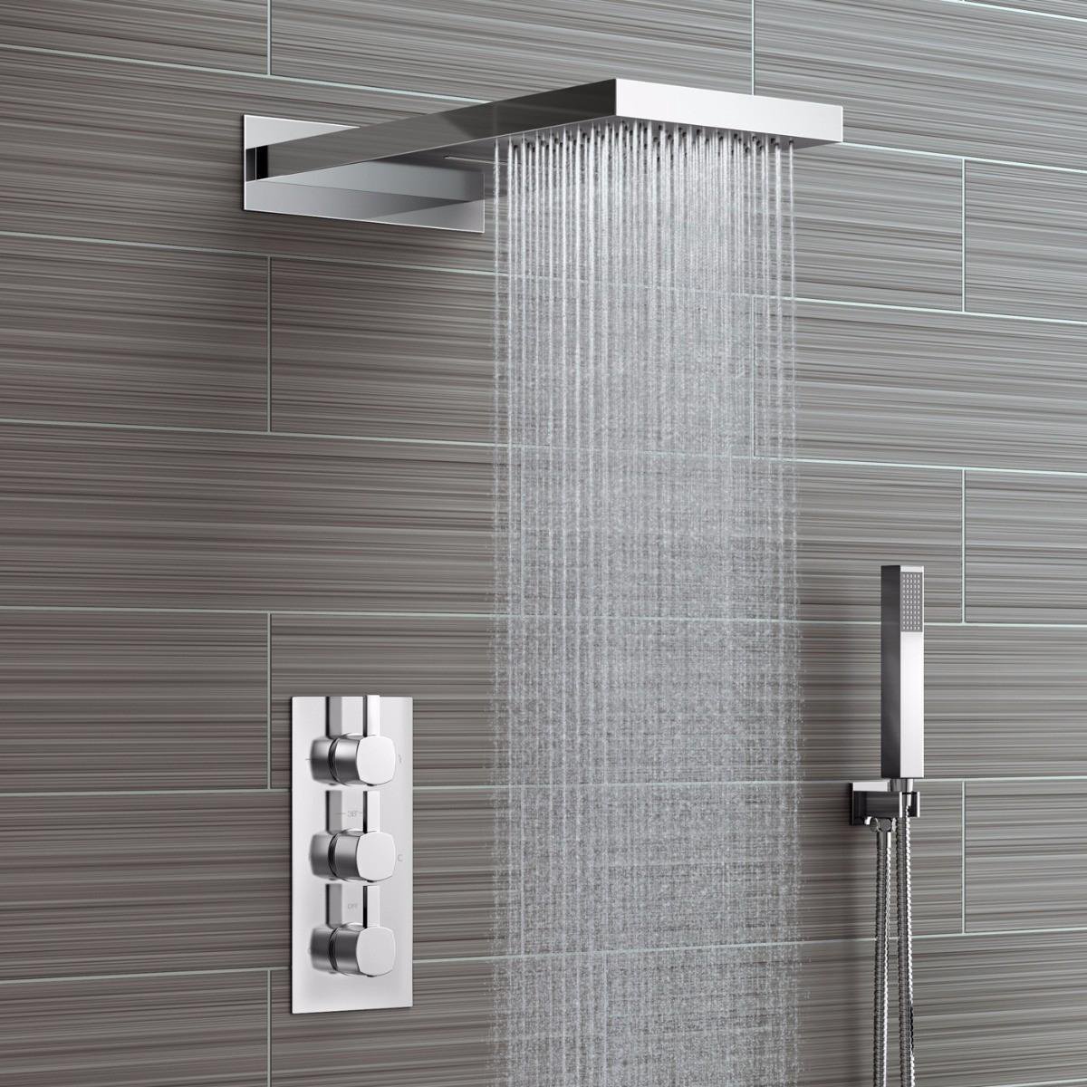 Leo Contemporary Style Chrome Finish Rain And Waterfall Shower Head With 3 Way Mixer And Handheld Shower