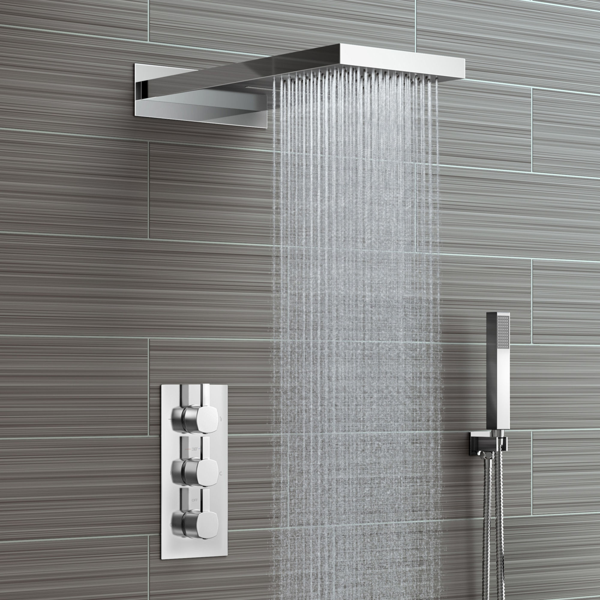Leo Contemporary Style Chrome Finish Rain And Waterfall Shower Head With 3 way Mixer And Handheld Shower