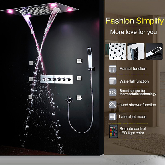 Luxury Rainfall Bathroom Led Light Ceiling 5 Functions Shower Set
