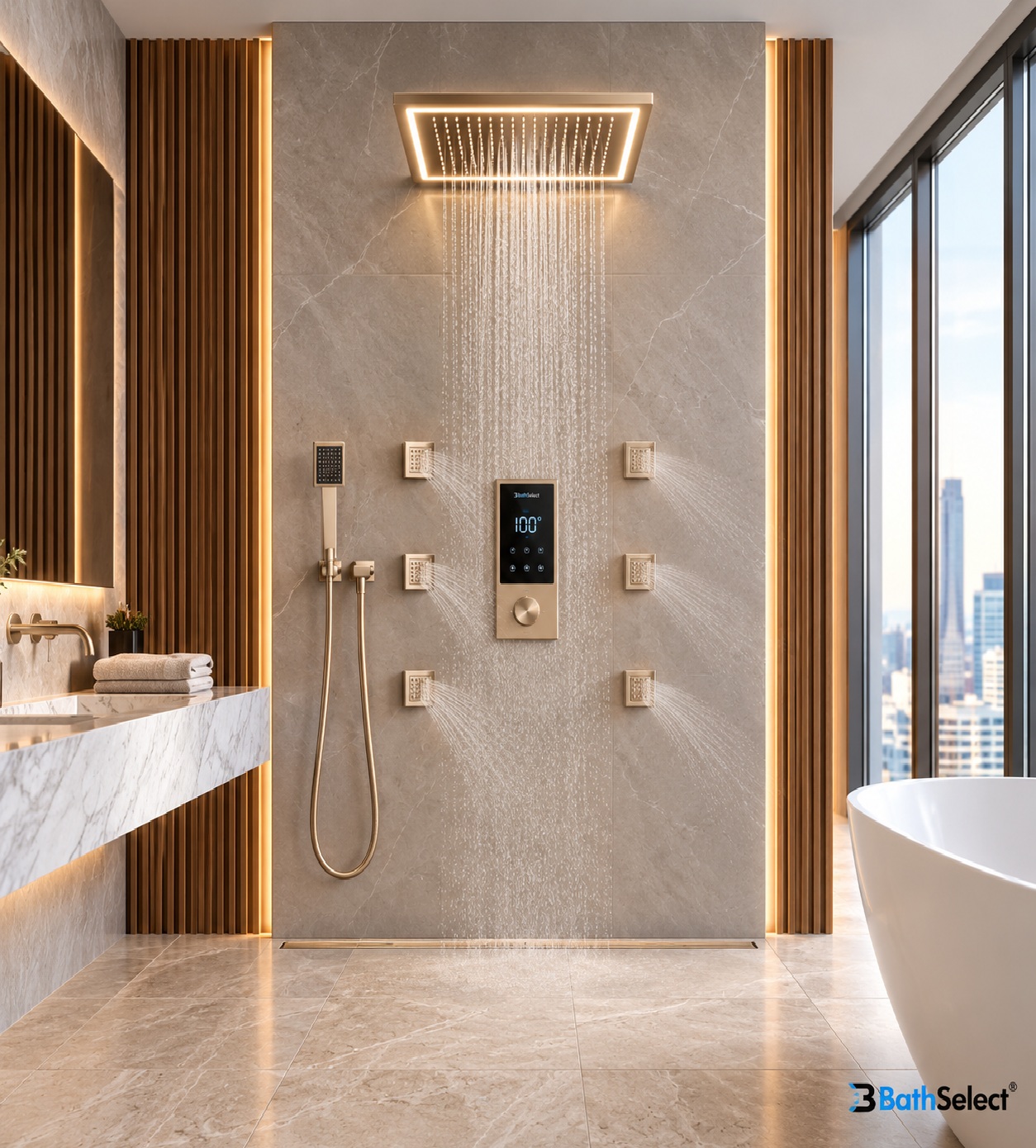 BathSelect luxury spa shower system in brushed nickel