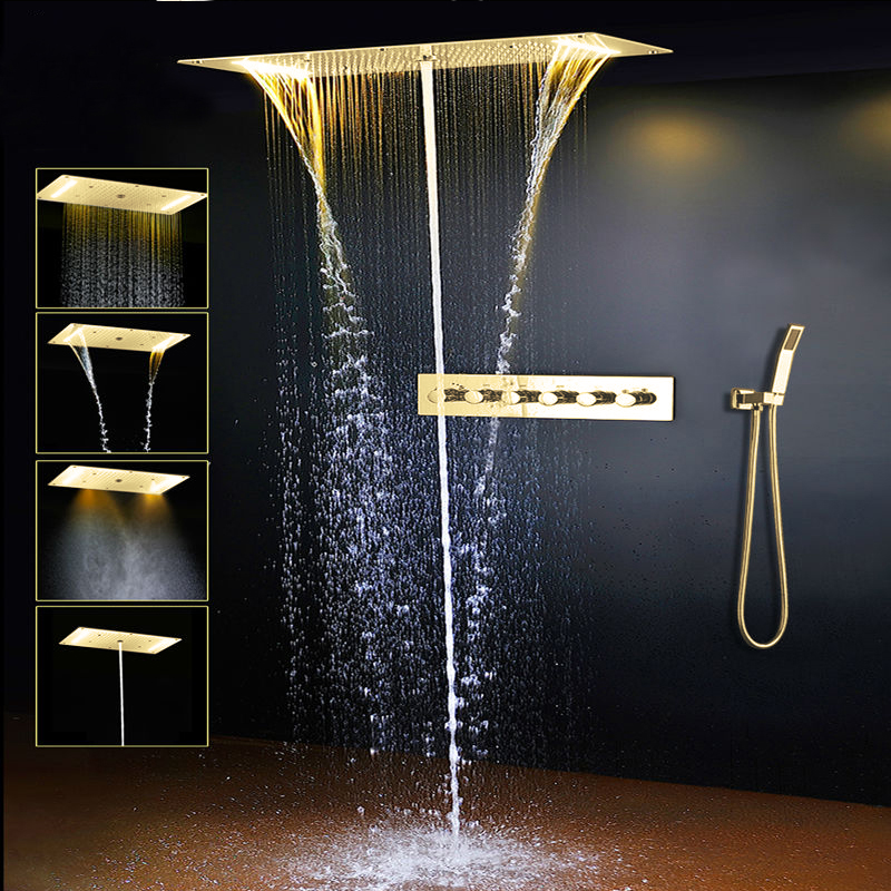 Temperature Controlled Color-Changing Waterfall LED Shower Head Bathroom 