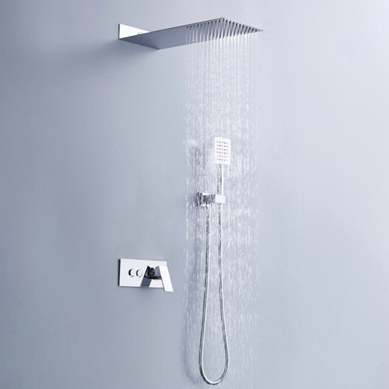 BathSelect Solid Brass Wall Mount Rainfall Shower Head And Shower Mixer With Handheld Shower In Chrome Finish