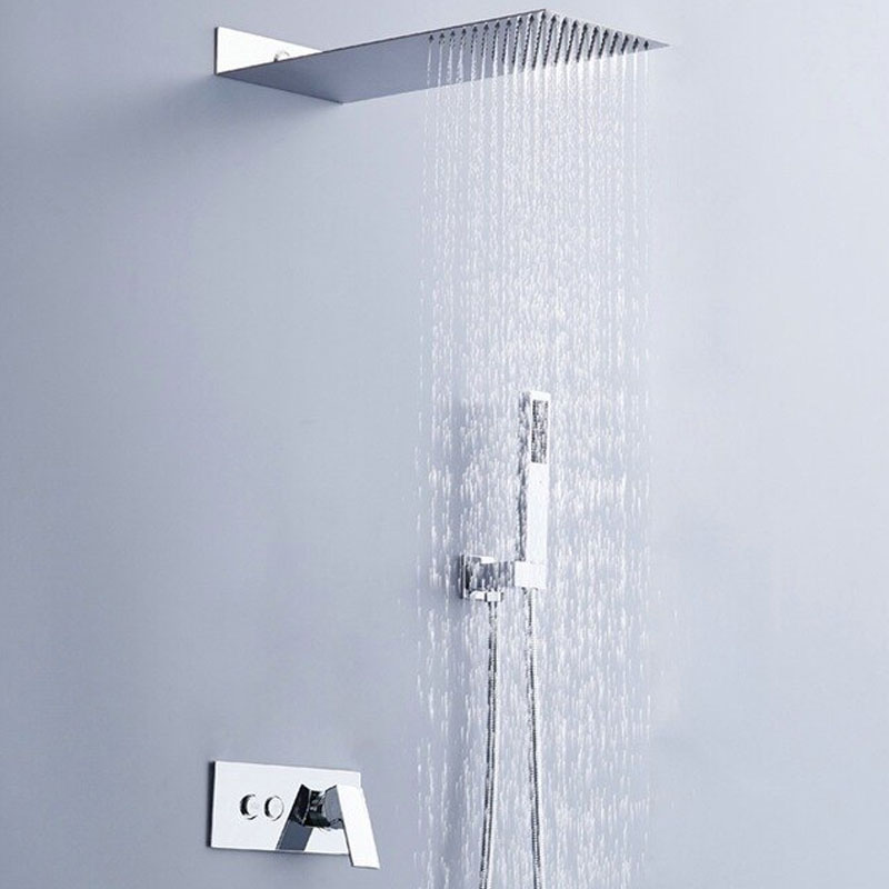 BathSelect Solid Brass Wall Mount Rainfall Shower Head And Shower Mixer With Handheld Shower In Chrome Finish