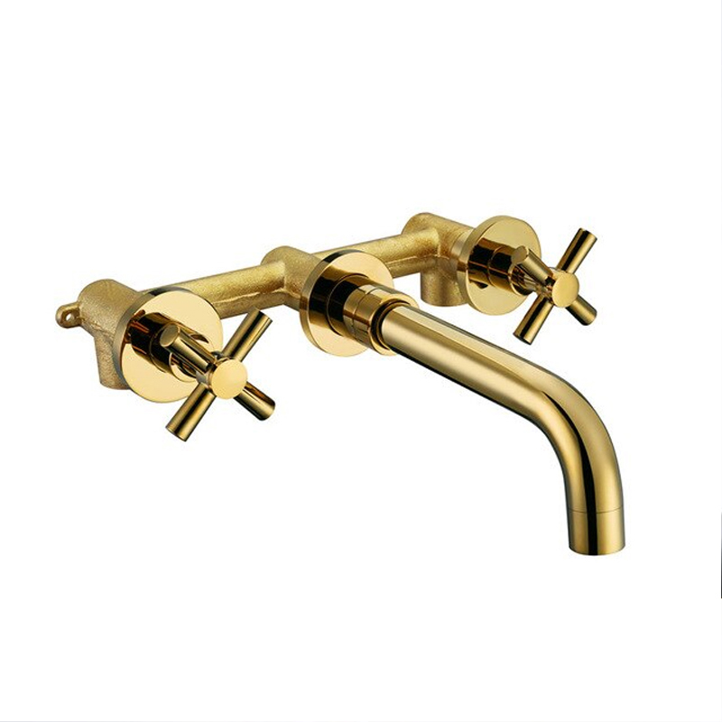 Rennes Polished Gold Finish Wall Mount Dual Cross Handle Bathroom Faucet