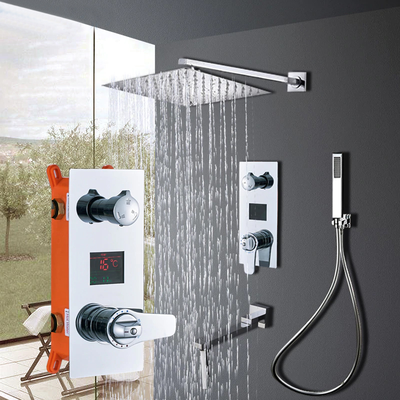 Riviera Wall Mount Square Shower Head And Digital 3 Function Mixer Faucet With Handheld Shower In Chrome Finish
