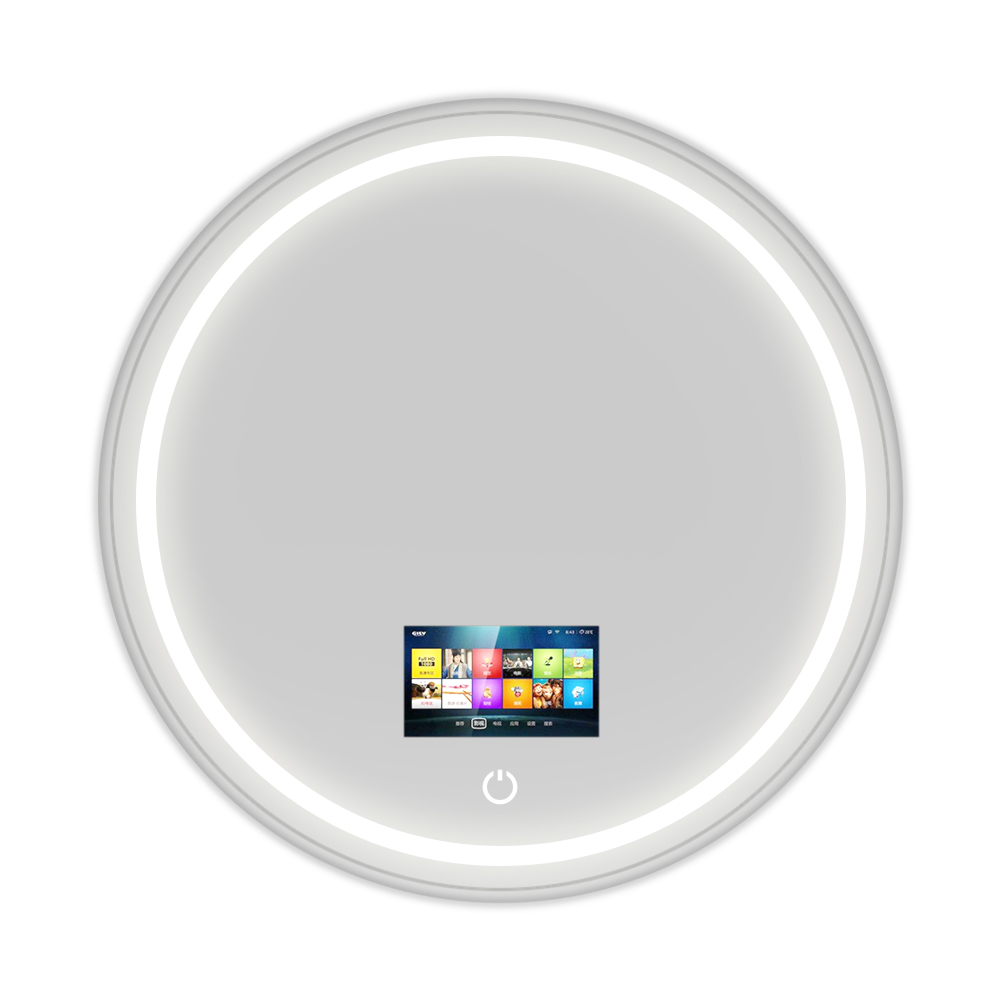 Round Tempered Glass Smart Television Mirror With Touchscreen Power Button And Frosted LED Lights