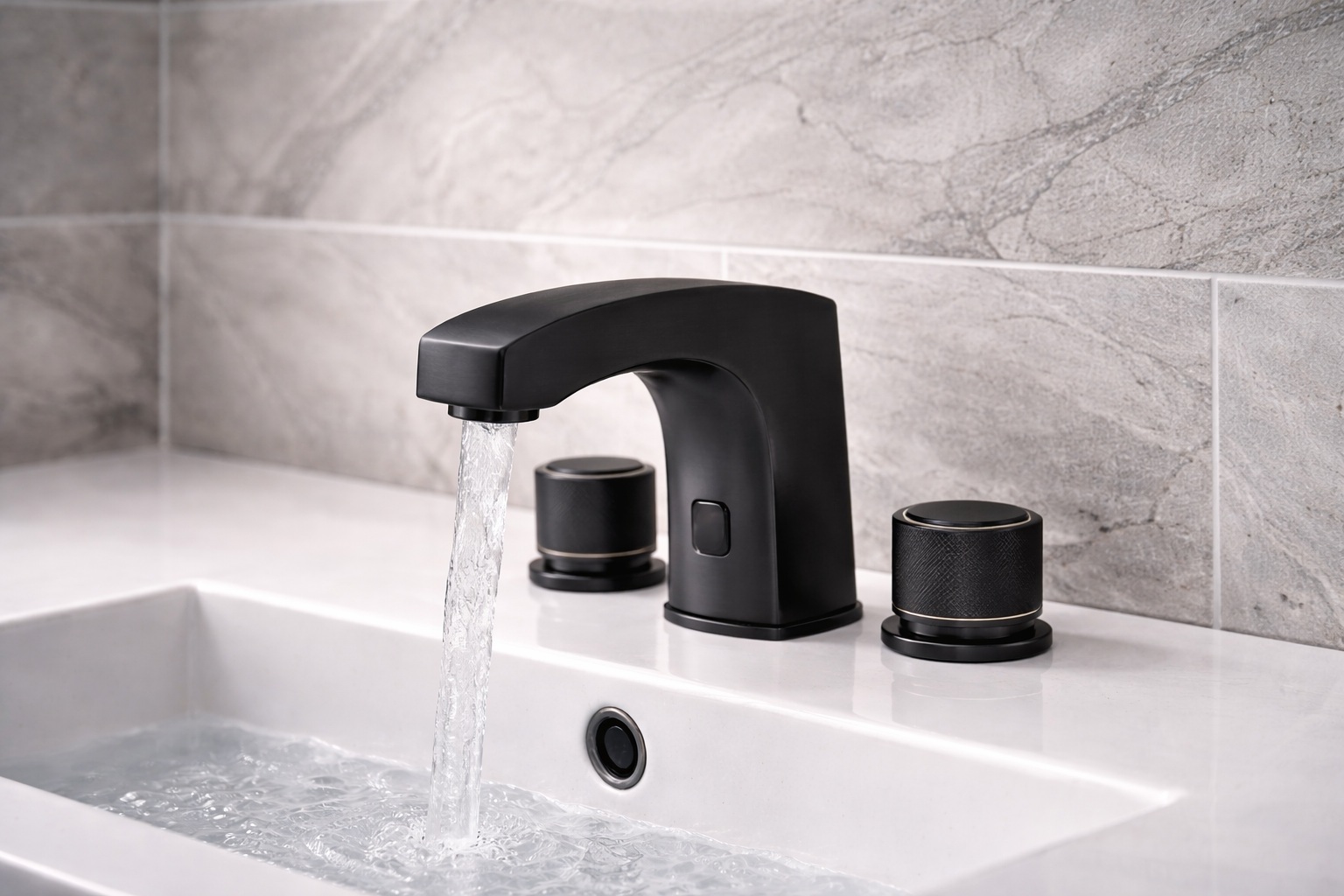 Matte black touchless faucet for commercial restrooms