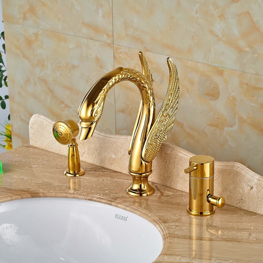 Gold-Finish-Swan-Single-Handle-Bathtub-Faucet