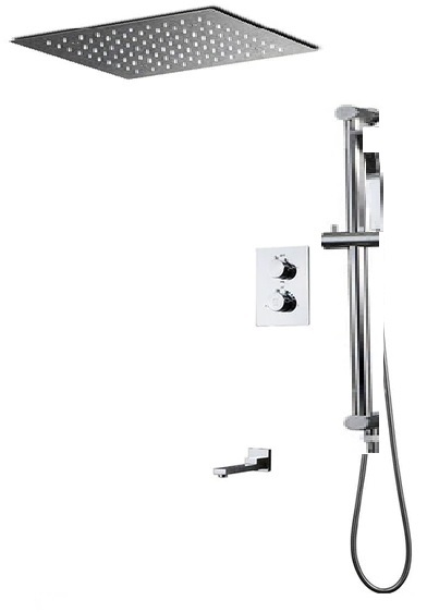 Maine Contemporary LED Rainfall Thermostatic Shower Head With Water Spout Slide Bar And Hand Shower In Chrome Finish
