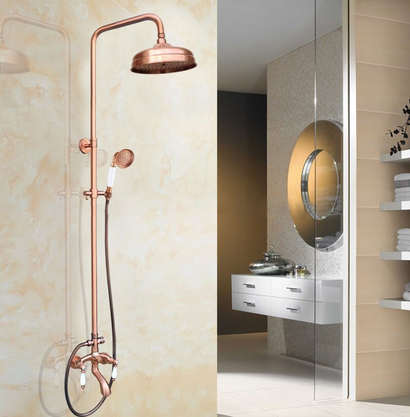 8"Brushed Gold Rain Shower Combo Set Wall Mount Tub Spout Luxury Shower Faucet 