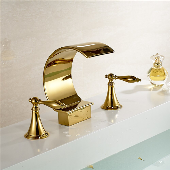 Waterfall Spout Bathroom Sink Faucet Double Knobs Sink Mixer Tap Gold Finish