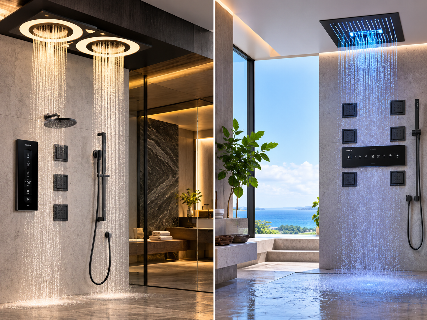 Kohler electronic shower controls with programmable shower experience and coordinated components for luxury hospitality bathrooms