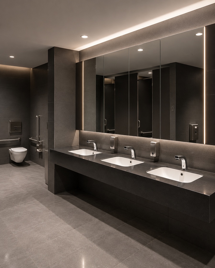 ADA-aware public restroom with touchless fixtures, clear reach zones, and inclusive layout planning