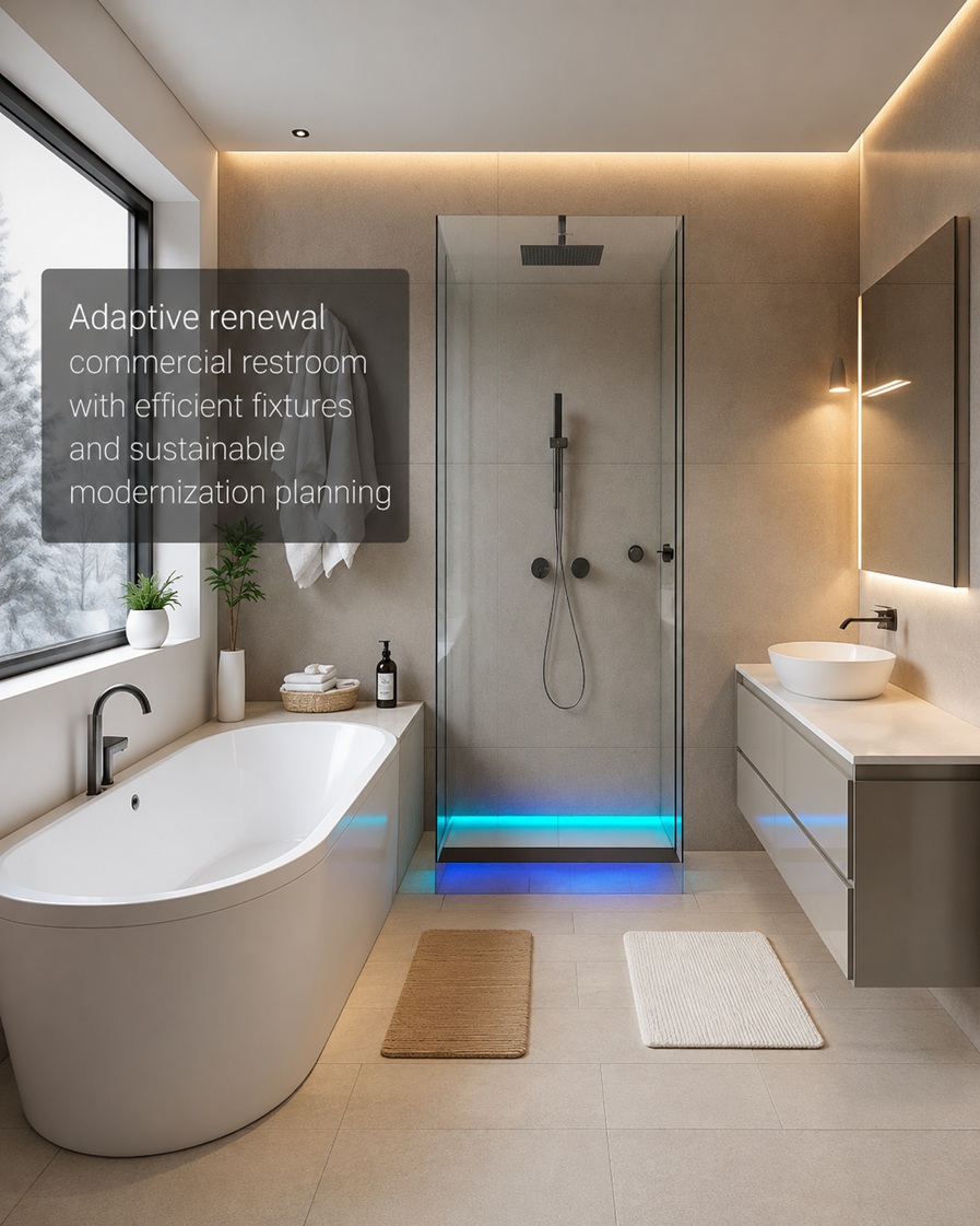 Adaptive renewal commercial restroom with efficient fixtures and sustainable modernization planning