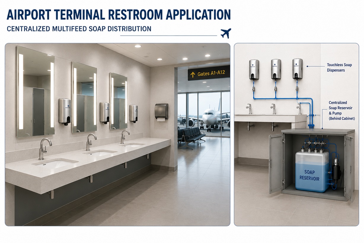 Airport terminal restroom application for centralized MultiFeed soap distribution and high-traffic touchless fixtures