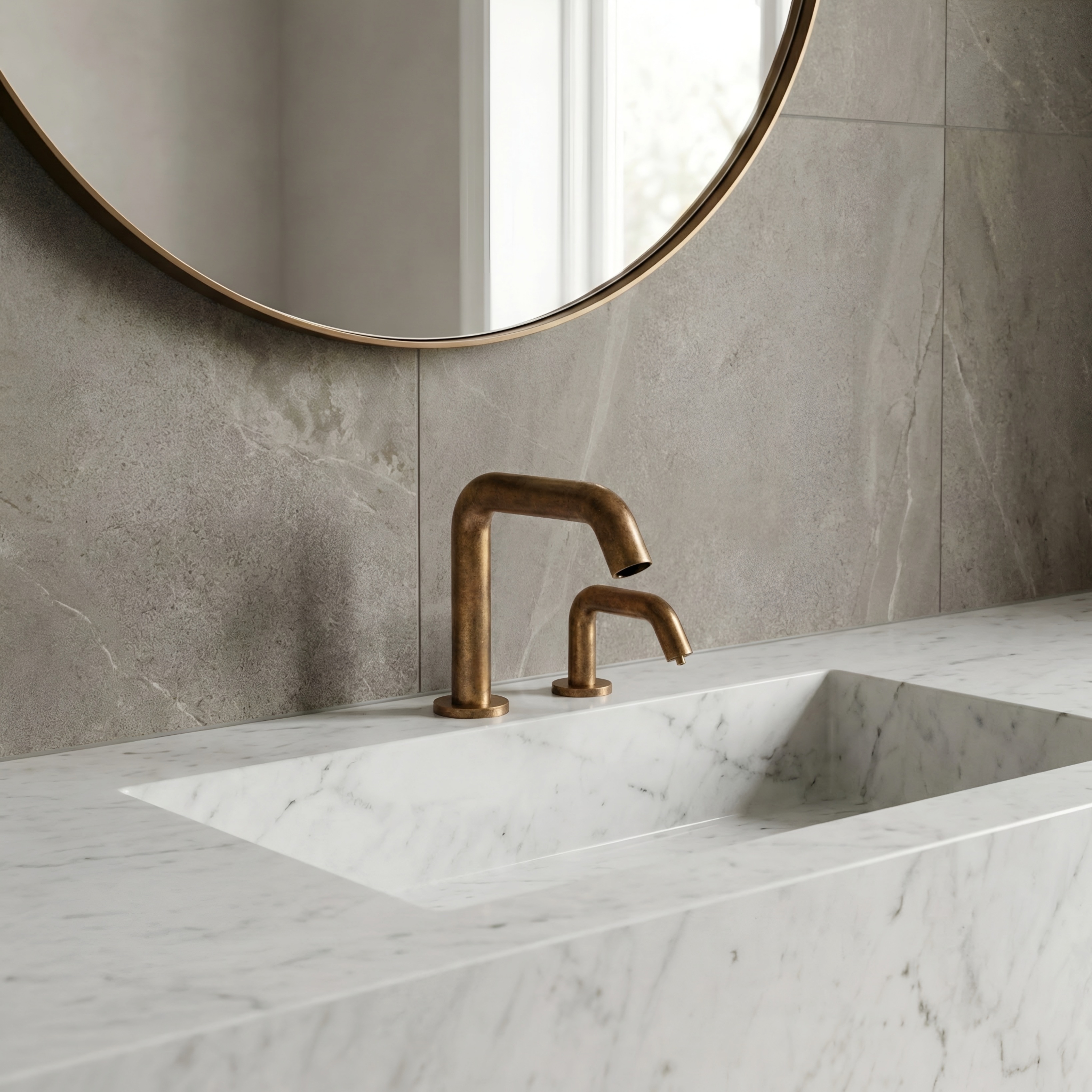 Transportation hub restroom with solid brass commercial sensor faucets designed for repeated public use and scheduled maintenance