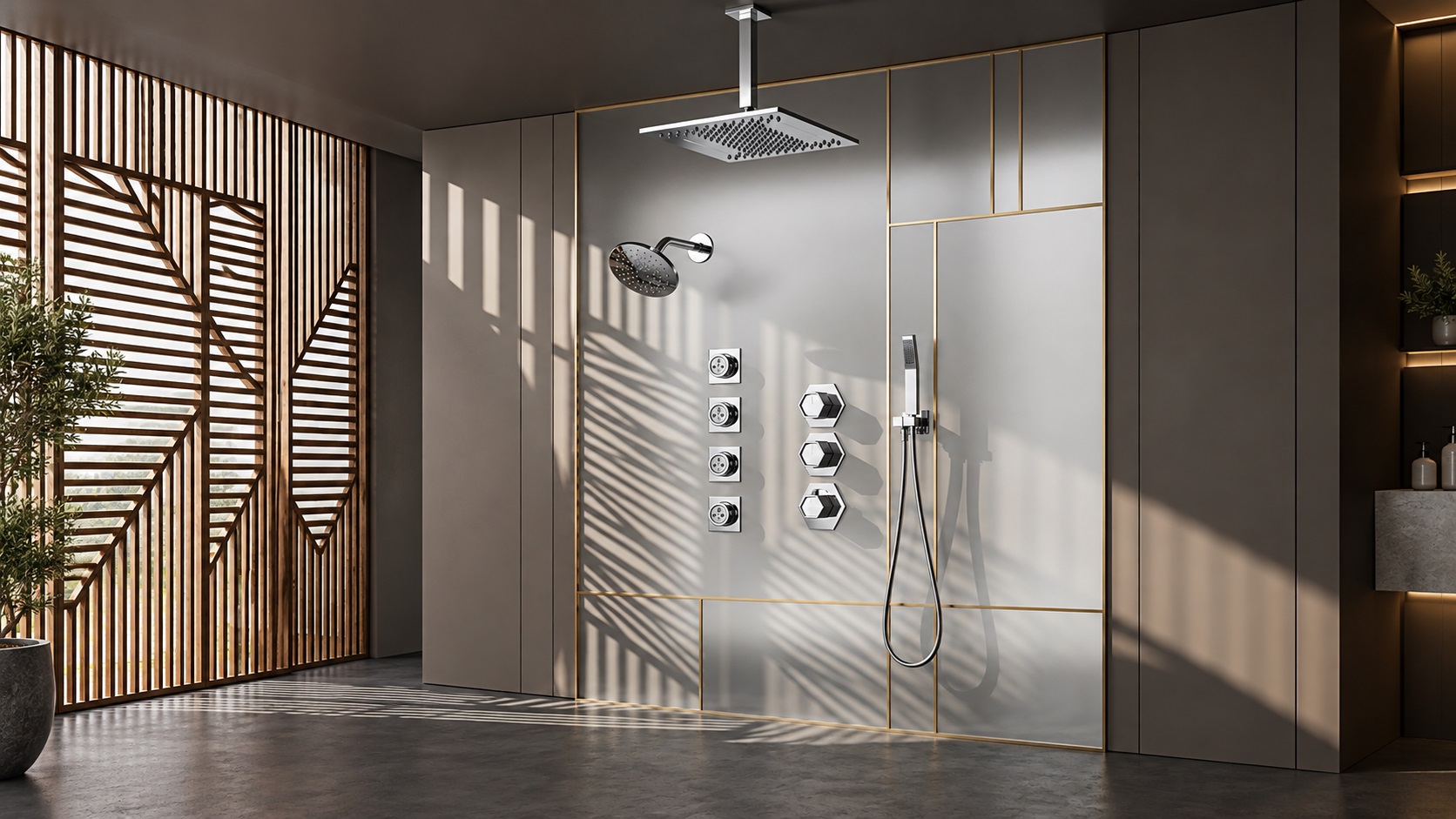 Multifunctional chrome shower systems with rainfall body jets and handheld showers