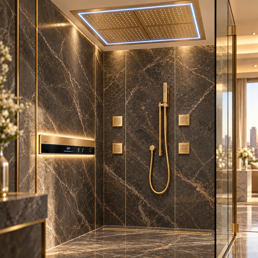 BathSelect chrome digital thermostatic shower system in a white marble hospitality suite
