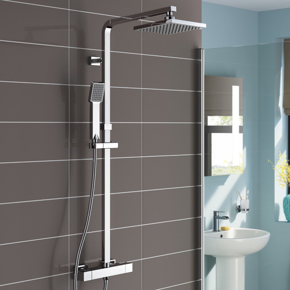 Thermostatic Shower Mixer Square Chrome Bathroom Exposed Twin Head Valve Set 