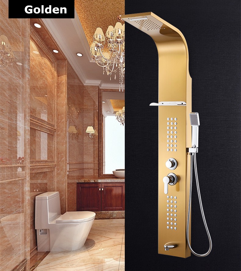 Reno Bathroom 0.8mm Thickness Stainless Steel Rainfall Shower Panel Rain Massage System with Jets &Hand Shower&Rack