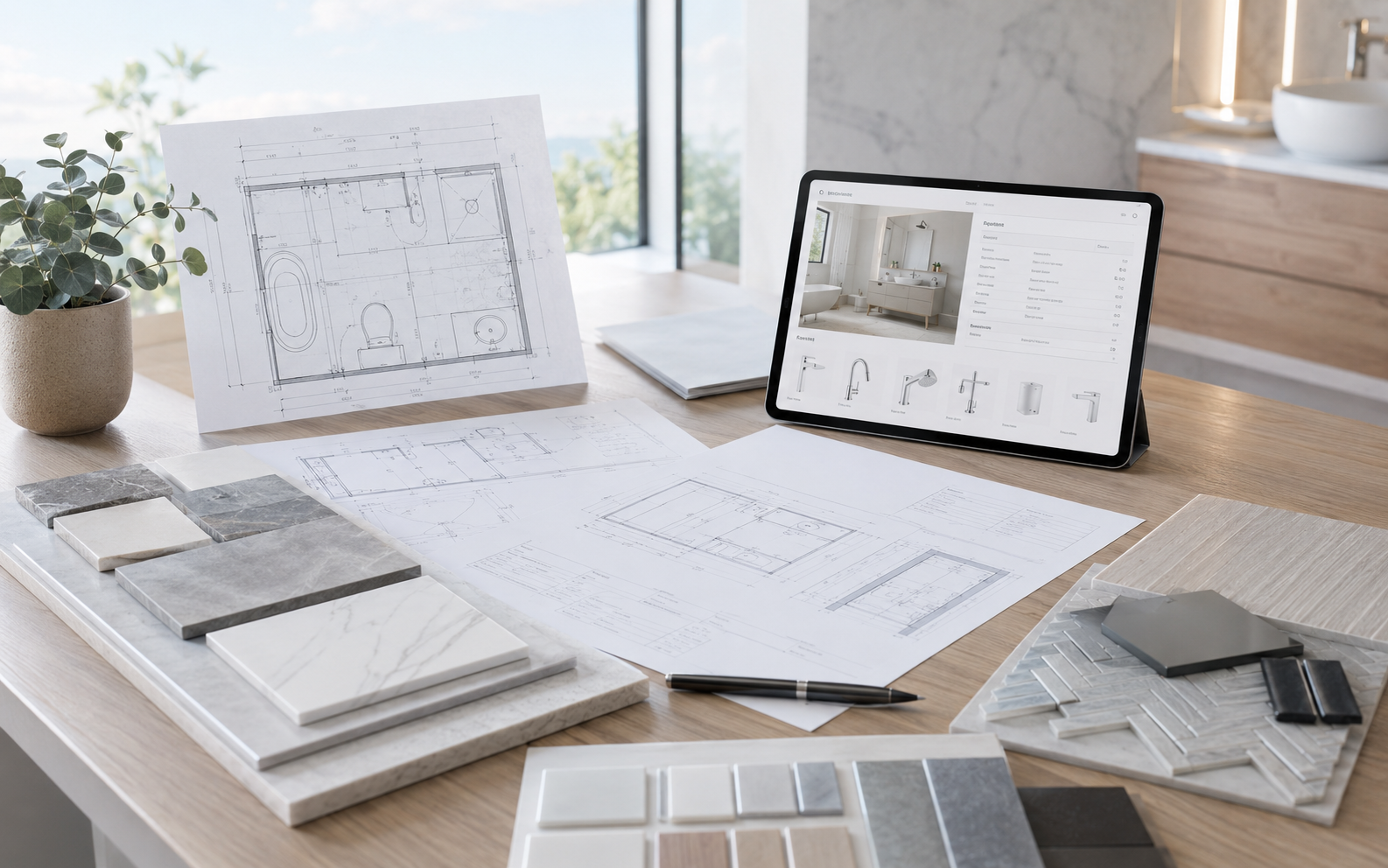 Architect reviewing BathSelect bathroom fixture specifications and project documents