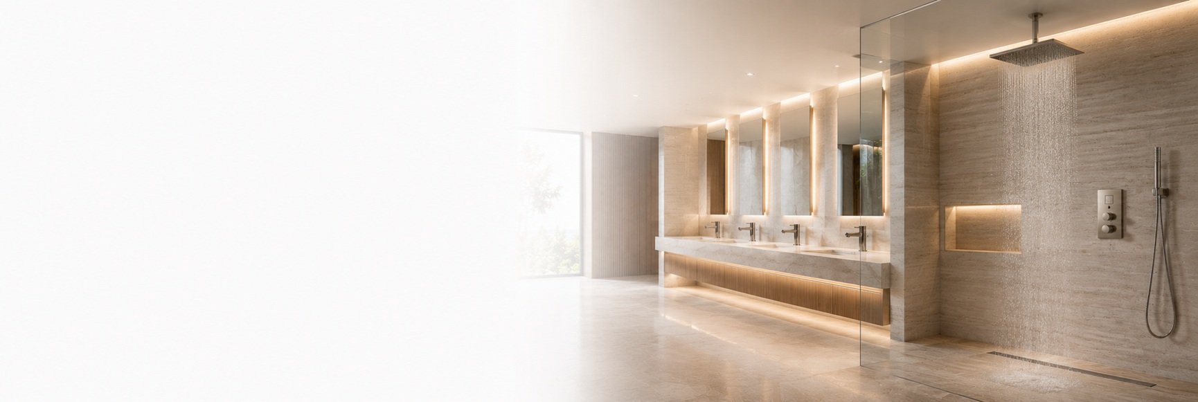 BathSelect� Best Shower Heads featured in a luxury bathroom with a large rainfall shower head, natural stone finishes, warm lighting, and a premium spa-inspired shower environment