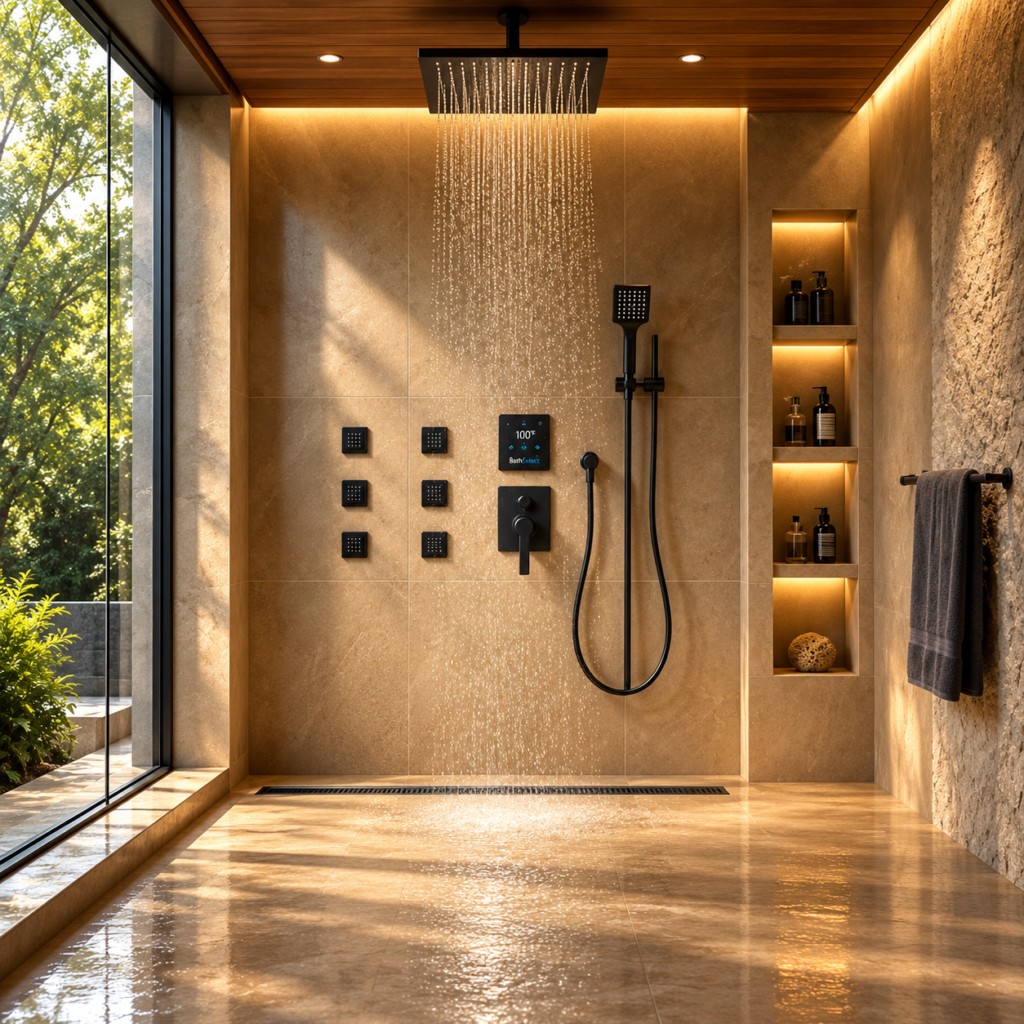 BathSelect black shower system with six body jets and a rainfall shower head