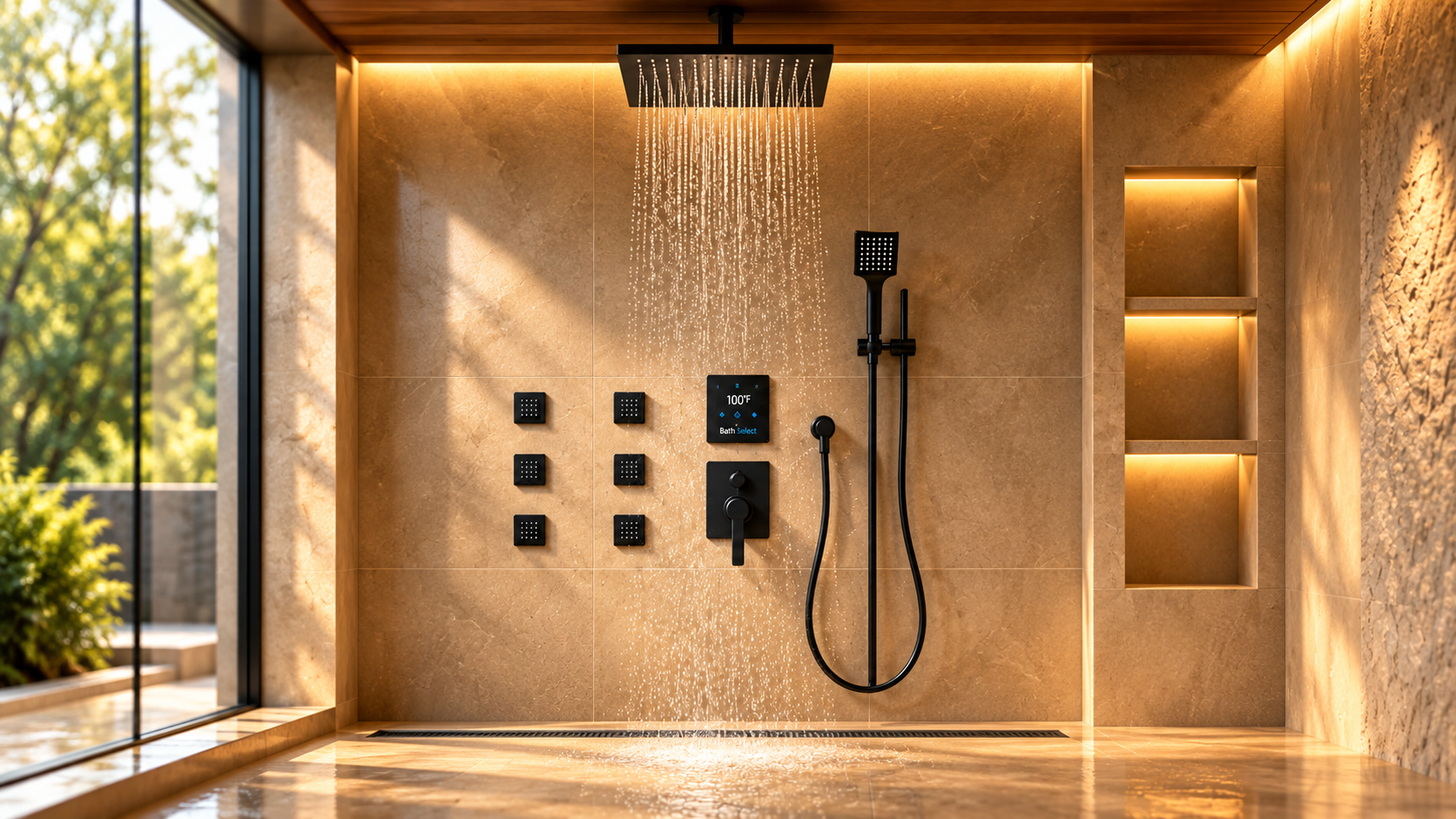 Matte black LED ceiling rainfall shower with body jets in a luxury hospitality bathroom suite
