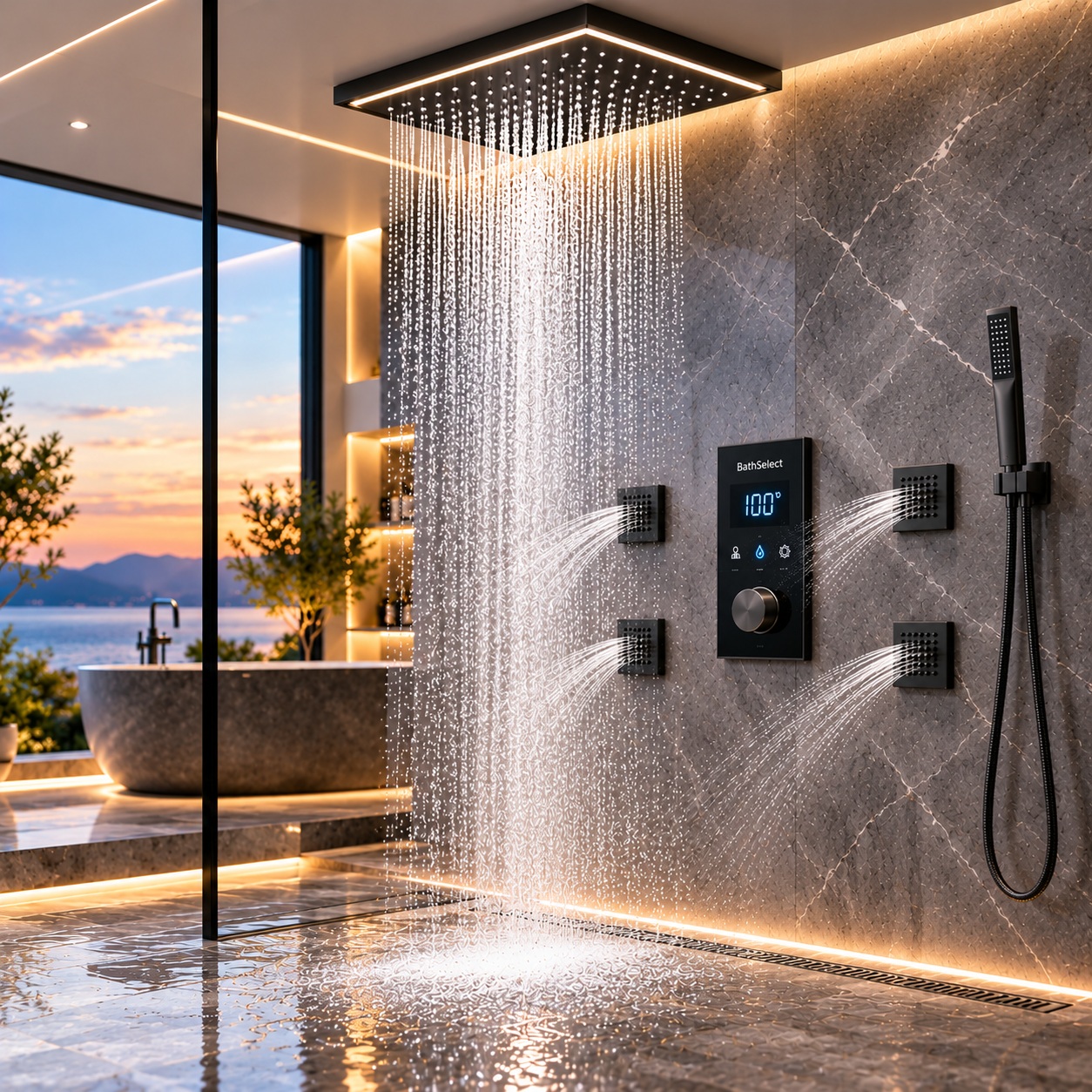 BathSelect matte black digital smart shower system with digital controller rainfall shower body jets and handheld shower