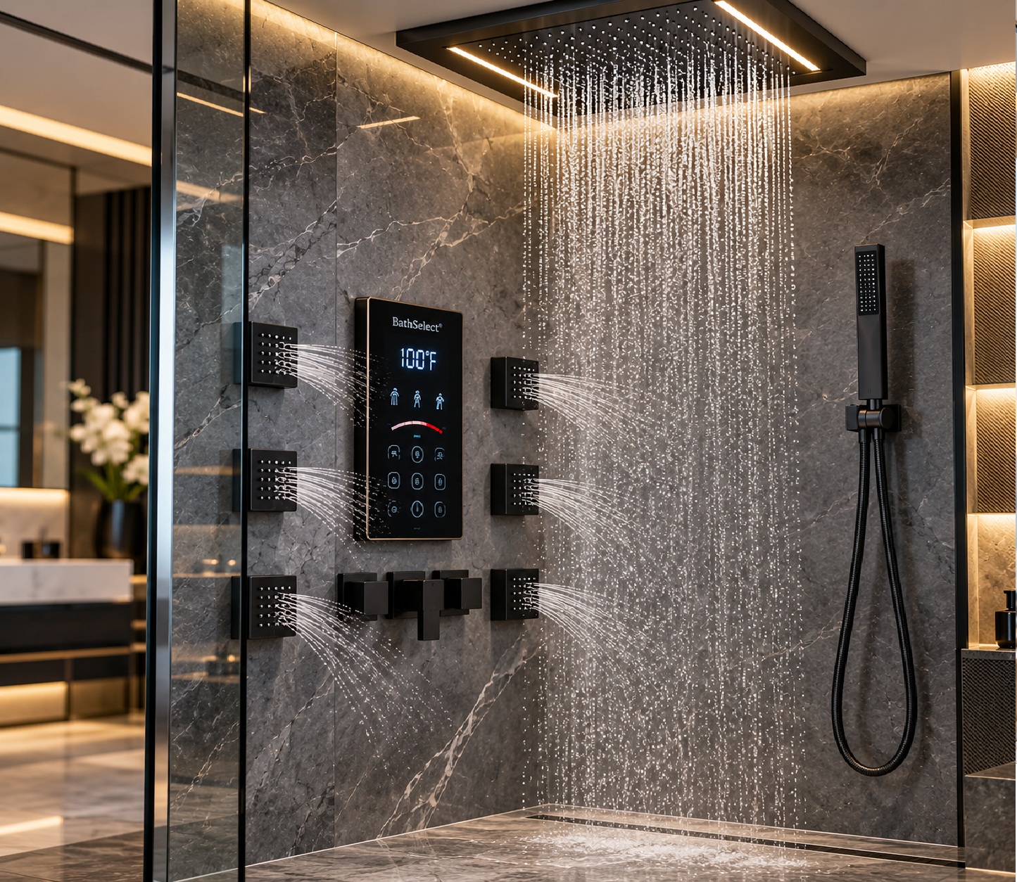 BathSelect black digital smart shower system with digital temperature control panel