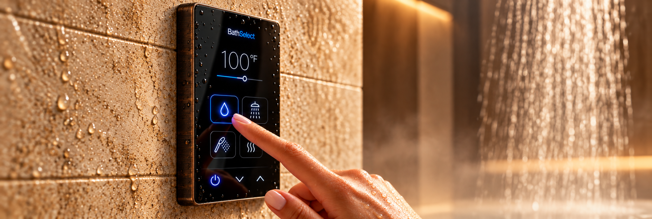 BathSelect oil rubbed bronze digital smart shower touchpad on beige stone