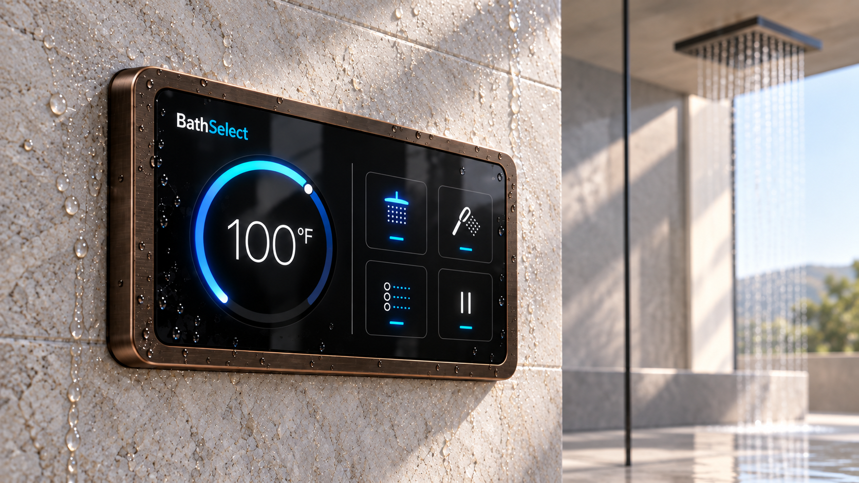 BathSelect oil rubbed bronze smart shower display with circular temperature gauge for architect and developer specifications