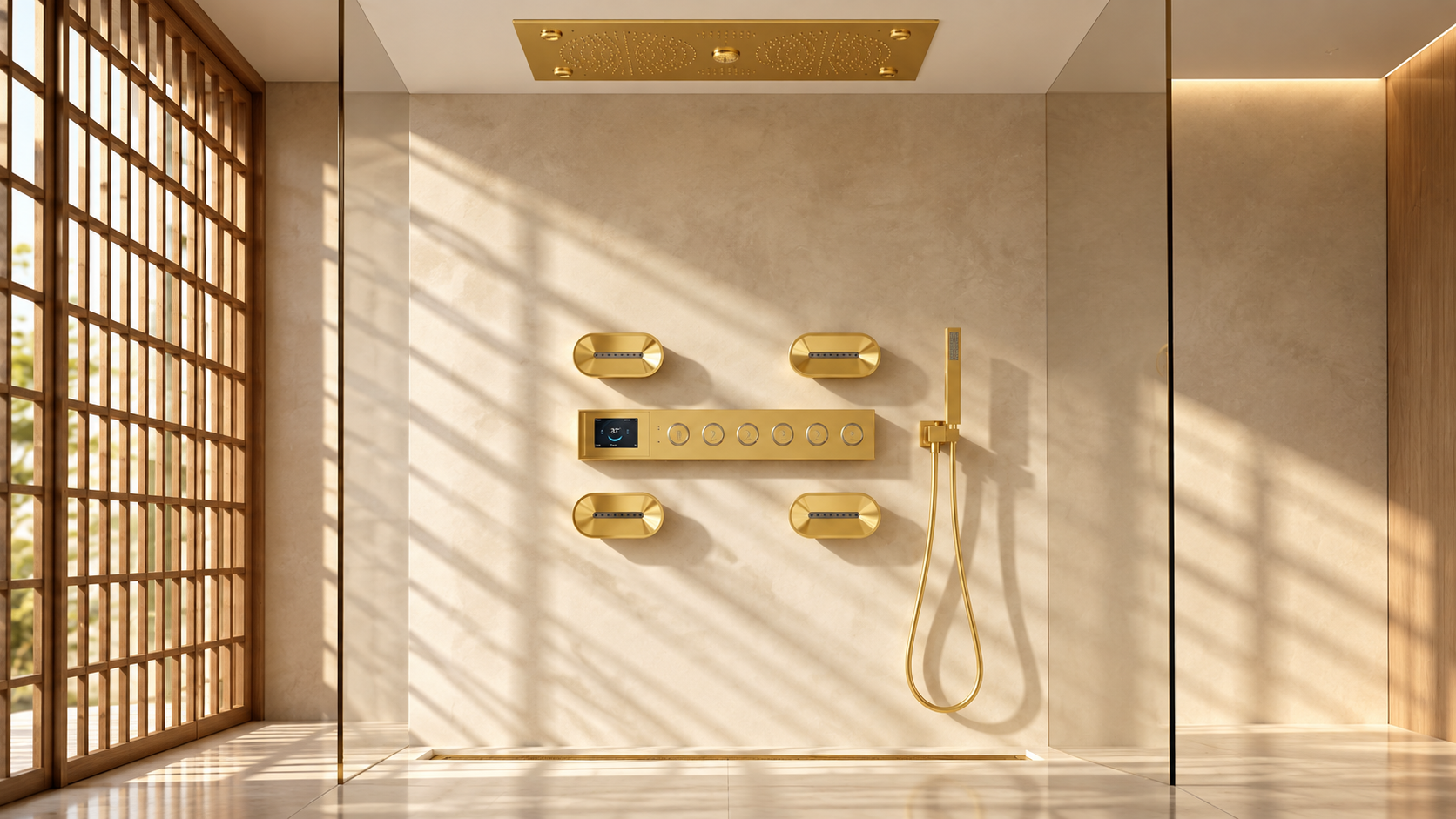 Large multifunction shower heads for spa and wellness shower environments