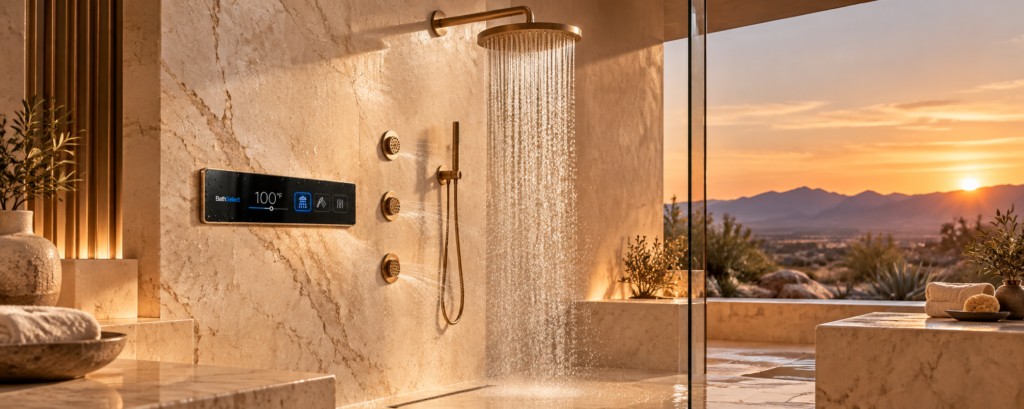 BathSelect brushed gold rainfall shower system with body jets for premium guestroom packages