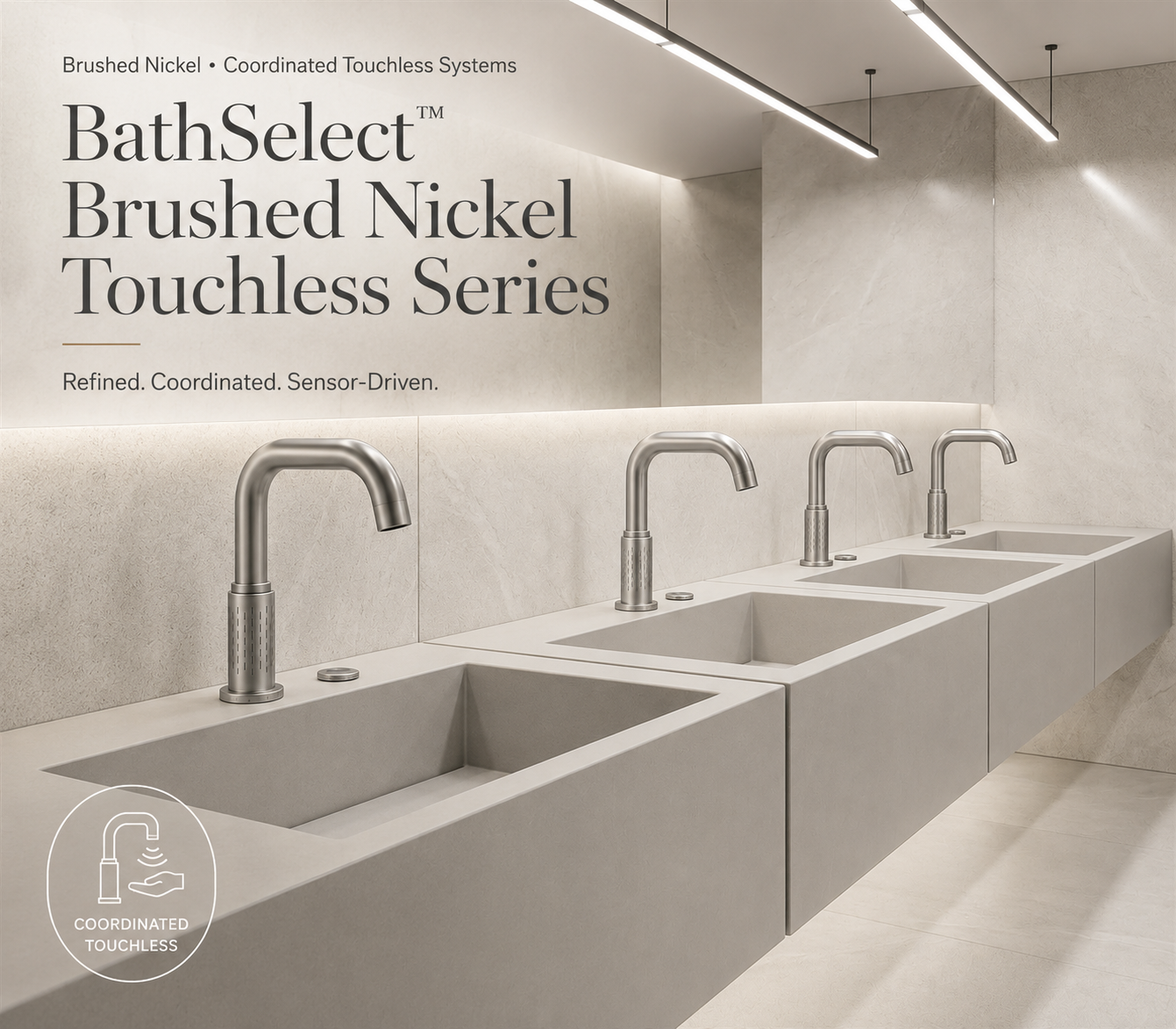BathSelect brushed nickel touchless faucet and coordinated washroom system collection