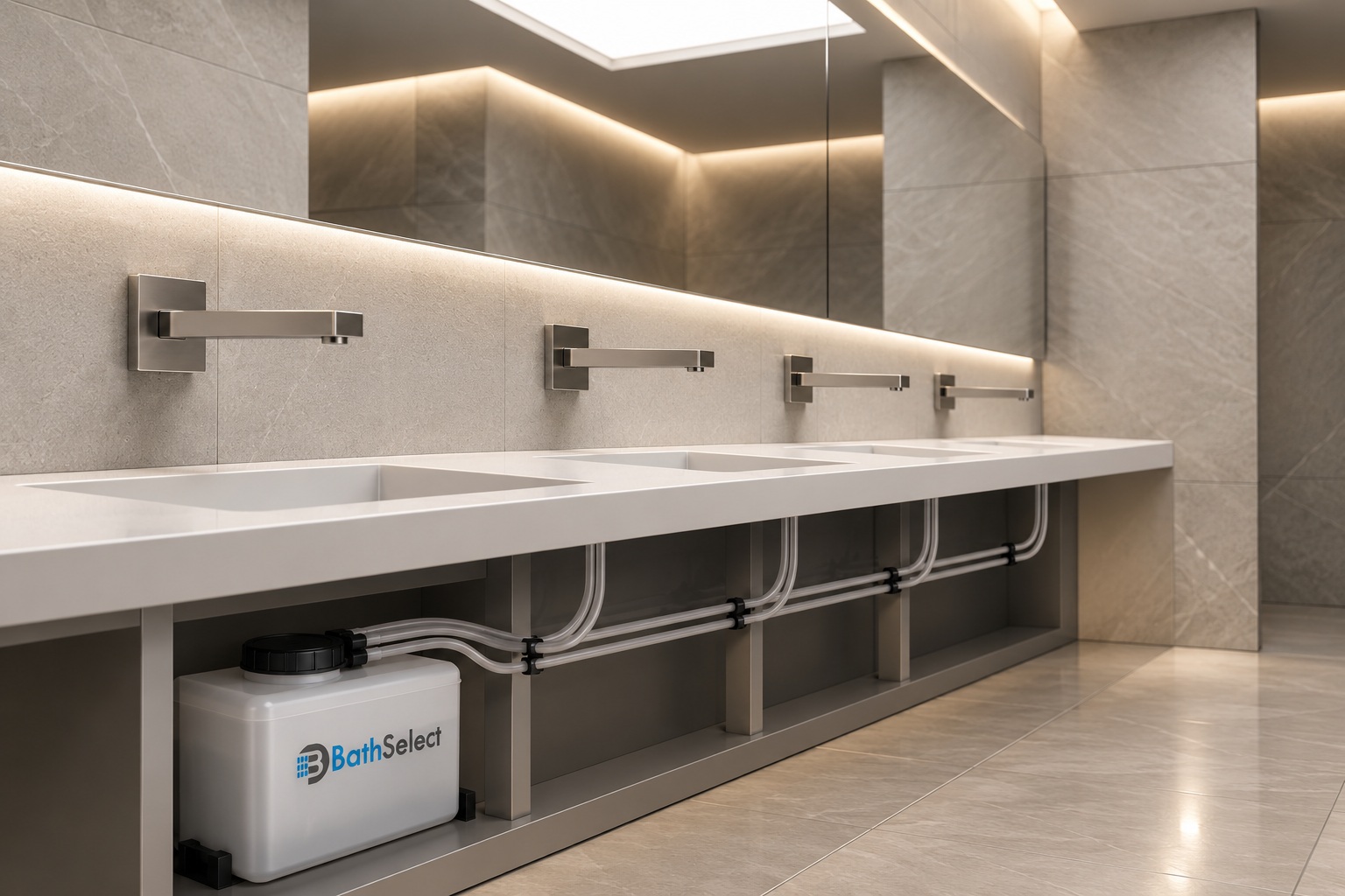 BathSelect centralized soap system serving multiple coordinated automatic dispenser stations