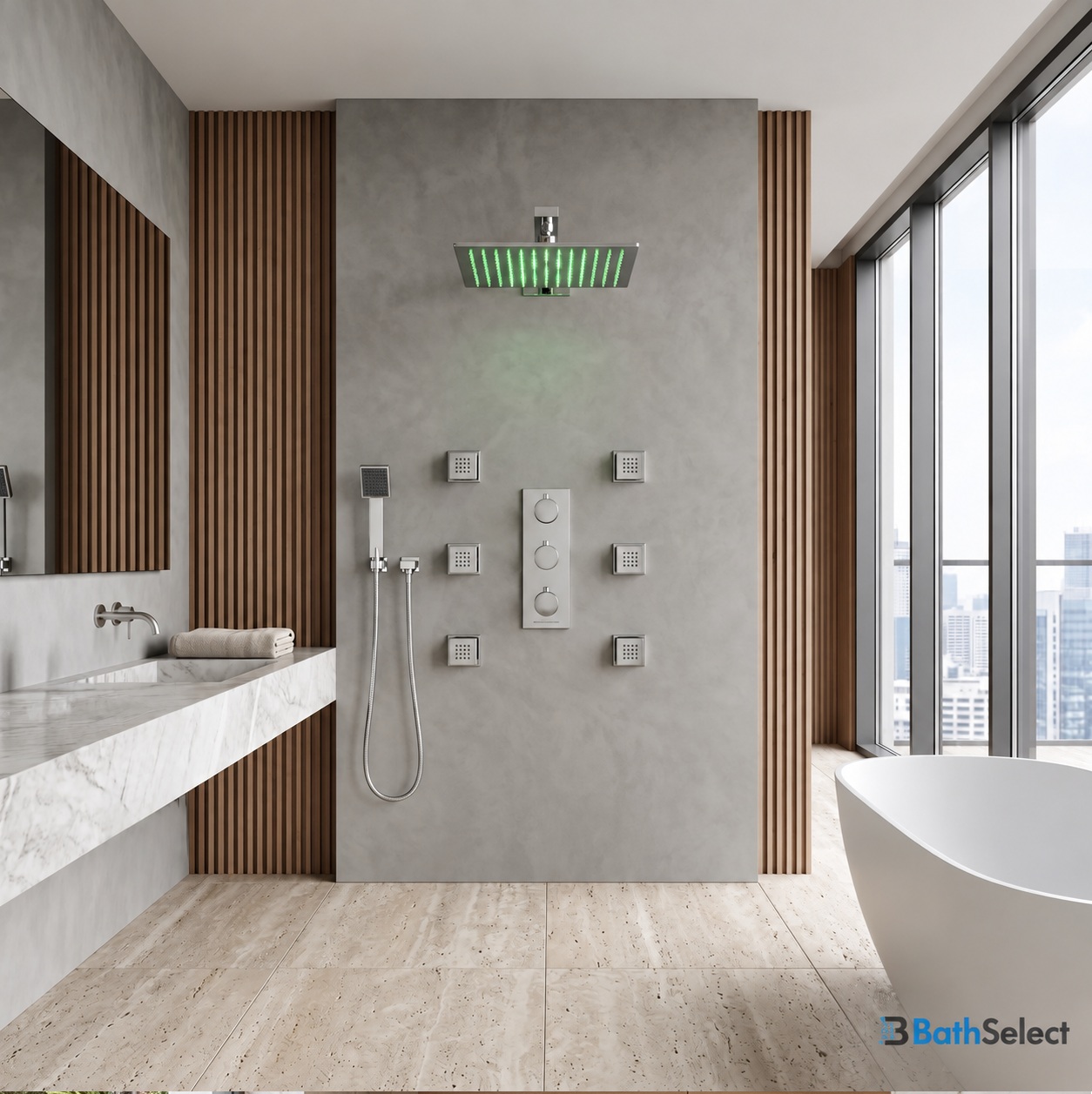 BathSelect complete spa shower systems and coordinated luxury bathroom fixtures