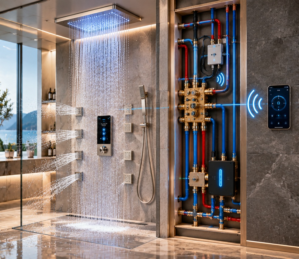 BathSelect recessed Bluetooth connected shower system showing digital controller wireless connection thermostatic valve and coordinated shower outlets